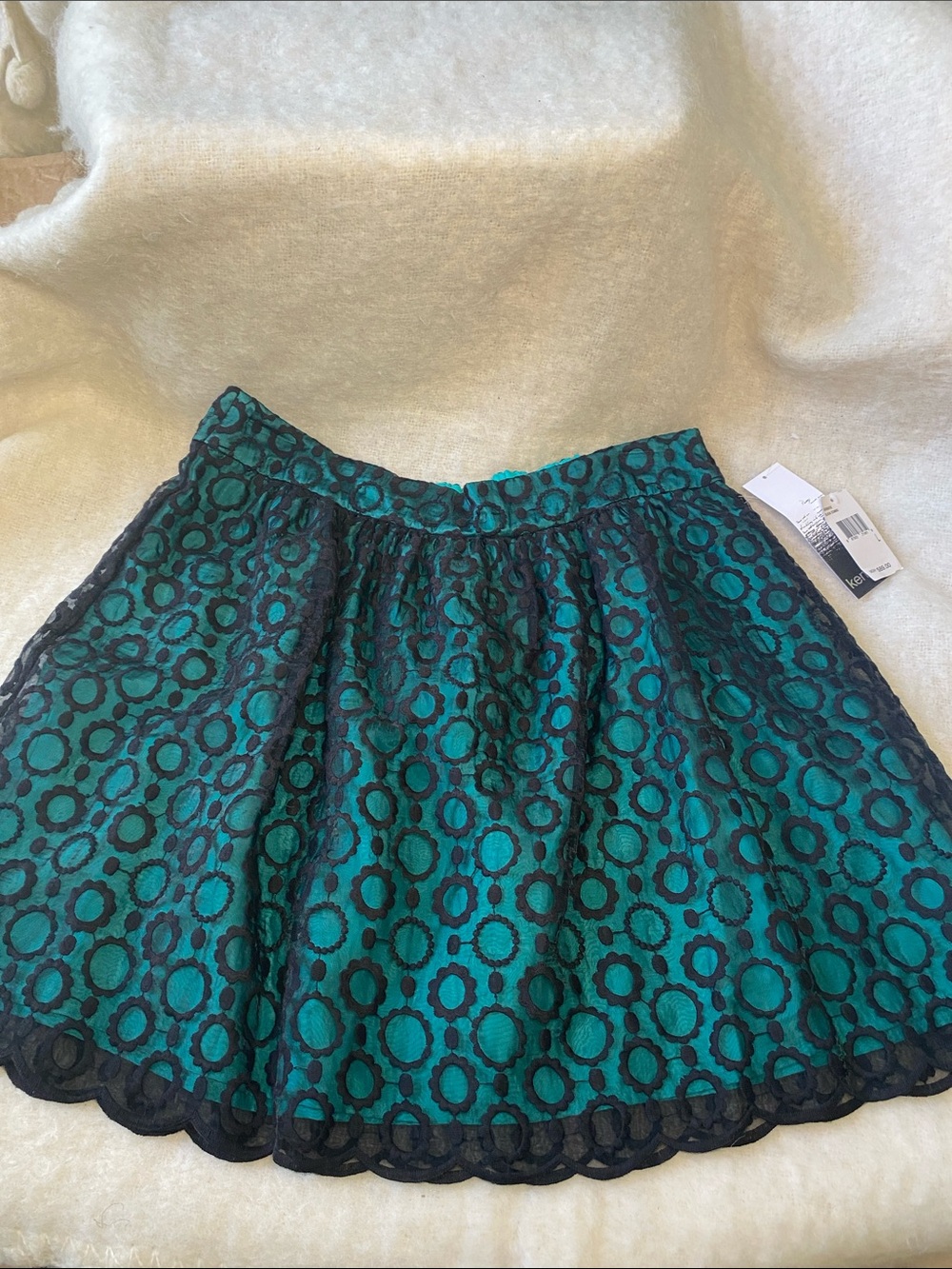 Kensie Black and Teal Circle-Pattern Lace Skater Skirt size large NWT